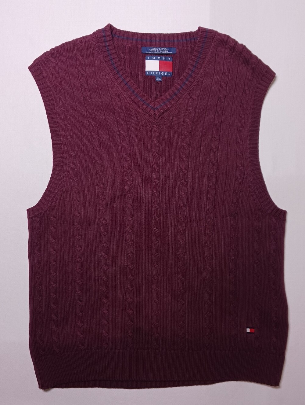 Vintage Tommy Hilfiger Mens V Neck Cable Knit Sweater Vest XL Burgundy